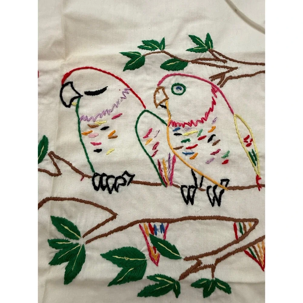 Vintage Hand Embroidered Parakeet Doily DresserScarf Crocheted Edge Cottagecore